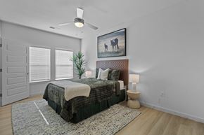 El Paso apartment for rent - A bedroom with a bed, a rug, a fan, a painting, and a lamp.