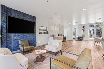 Phoenix apartment for rent - A living room with a white couch and a blue wallpapered wall.