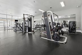 Buda apartment for rent - A gym with a variety of equipment including a leg press machine.