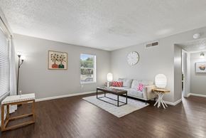 Austin apartment for rent - A living room with a white couch, a wooden coffee table, and a painting on the wall.