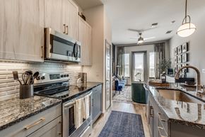 Dallas apartment for rent - a kitchen with stainless steel appliances and granite counter tops