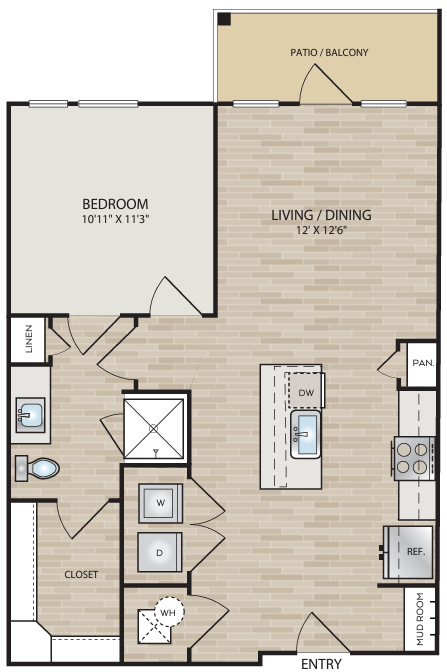 Floor plan for 1 bed, 1 bath, 685 sqft