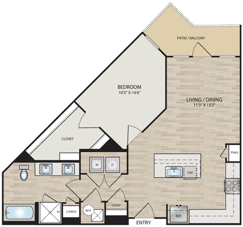 Floor plan for 1 bed, 1 bath, 762 sqft