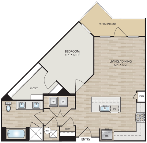Floor plan for 1 bed, 1 bath, 776 sqft