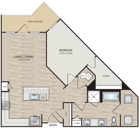 Floor plan for 1 bed, 1 bath, 795 sqft