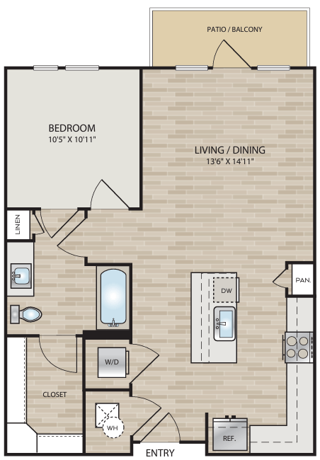 Floor plan for 1 bed, 1 bath, 712 sqft