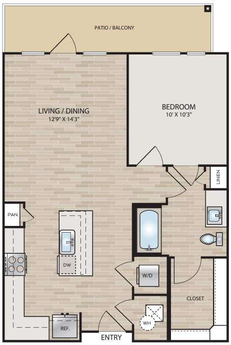 Floor plan for 1 bed, 1 bath, 736 sqft
