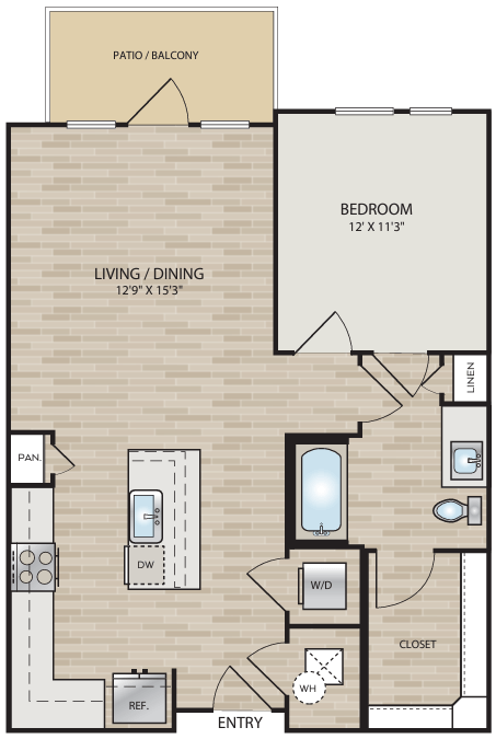 Floor plan for 1 bed, 1 bath, 730 sqft