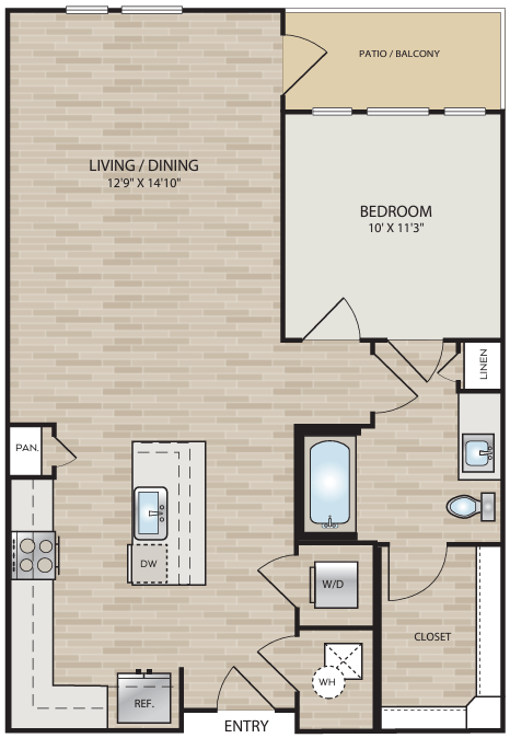 Floor plan for 1 bed, 1 bath, 780 sqft