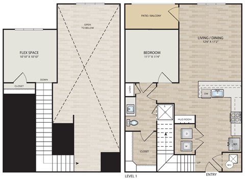 Floor plan for 1 bed, 1 bath, 944 sqft