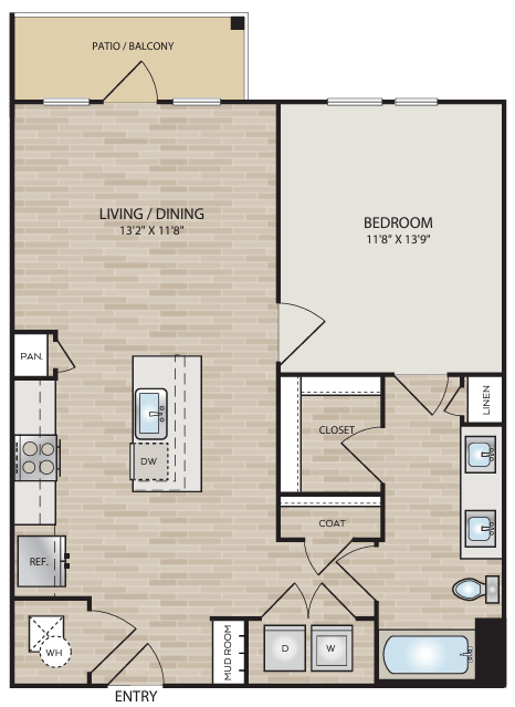 Floor plan for 1 bed, 1 bath, 748 sqft