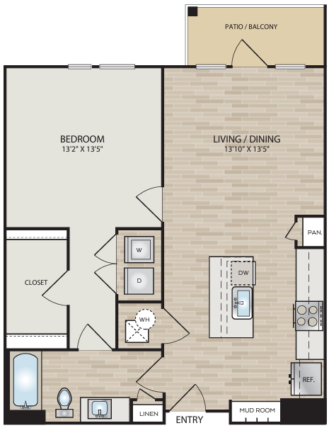 Floor plan for 1 bed, 1 bath, 803 sqft