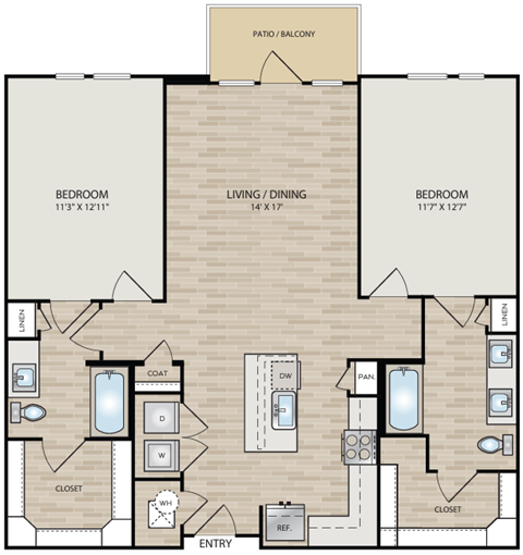 Floor plan for 2 beds, 2 baths, 1136 sqft