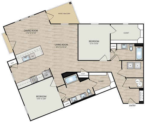 Floor plan for 2 beds, 2 baths, 1541 sqft