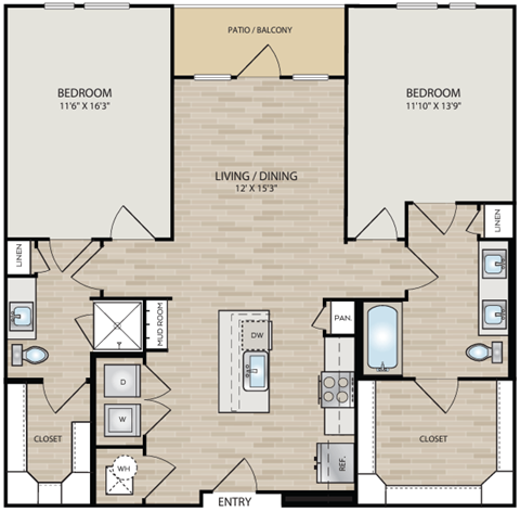 Floor plan for 2 beds, 2 baths, 1177 sqft