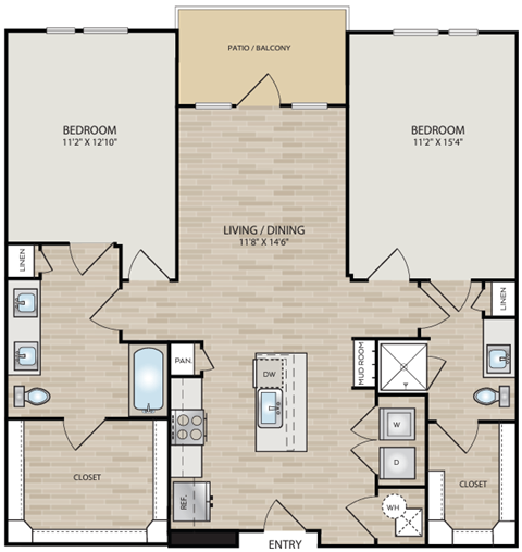 Floor plan for 2 beds, 2 baths, 1221 sqft