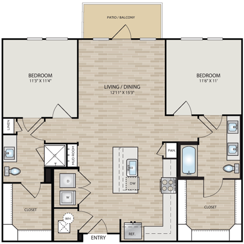 Floor plan for 2 beds, 2 baths, 1066 sqft