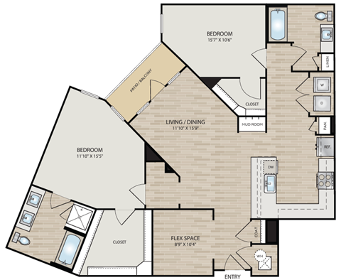 Floor plan for 2 beds, 2 baths, 1433 sqft