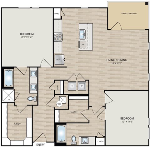 Floor plan for 2 beds, 2 baths, 1296 sqft