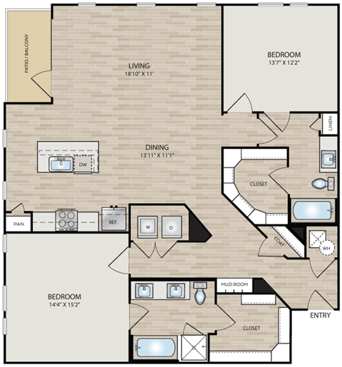 Floor plan for 2 beds, 2 baths, 1490 sqft
