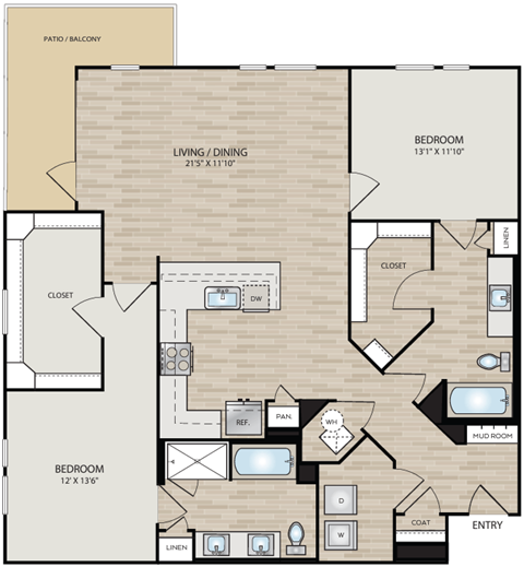 Floor plan for 2 beds, 2 baths, 1461 sqft