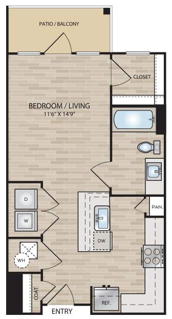 Floor plan for studio, 1 bath, 535 sqft
