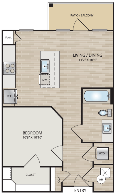 Floor plan for studio, 1 bath, 608 sqft
