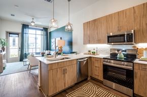 Mckinney apartment for rent - A kitchen with wooden cabinets and a stainless steel oven.