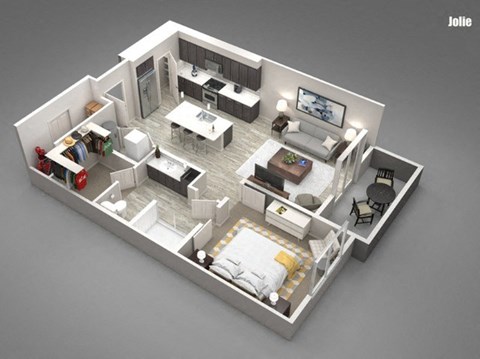 Floor plan for 1 bed, 1 bath, 888 sqft