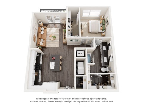 Floor plan for 1 bed, 1 bath, 855 sqft