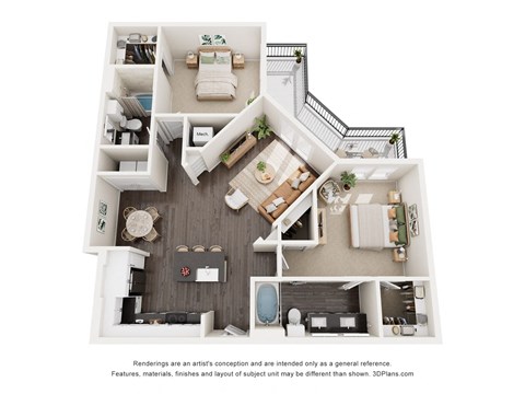 Floor plan for 2 beds, 2 baths, 1141 sqft