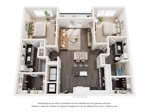 Floor plan for 2 beds, 2 baths, 1159 sqft