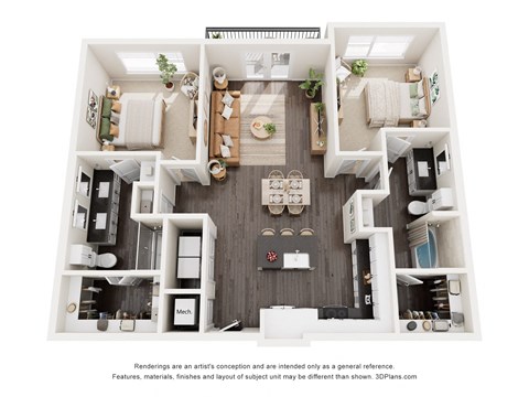 Floor plan for 2 beds, 2 baths, 1166 sqft