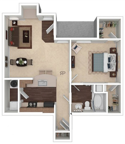 Floor plan for 1 bed, 1 bath, 762 sqft