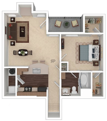 Floor plan for 1 bed, 1 bath, 783 sqft