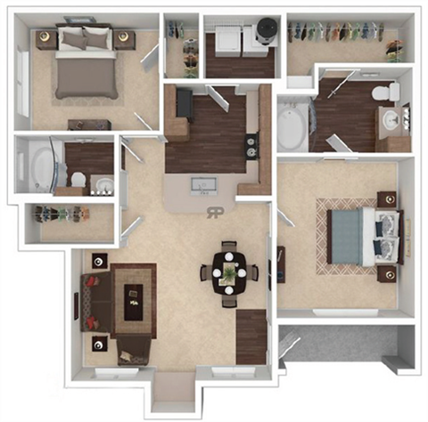 Floor plan for 2 beds, 2 baths, 1037 sqft