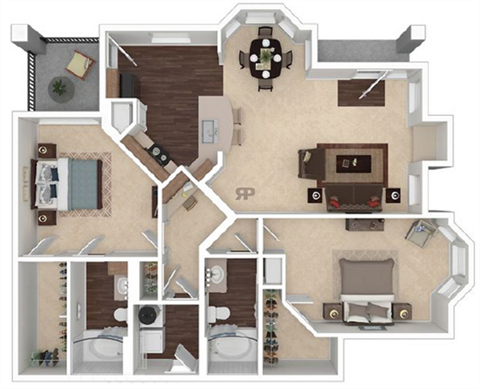 Floor plan for 2 beds, 2 baths, 1310 sqft