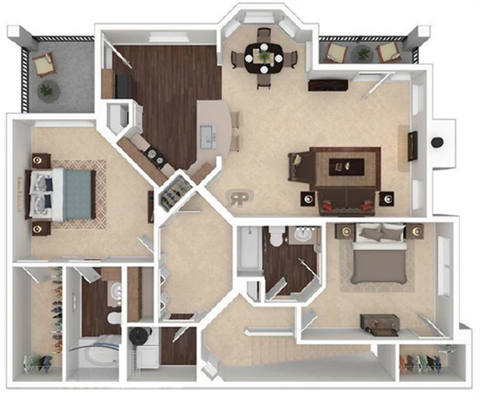 Floor plan for 2 beds, 2 baths, 1369 sqft