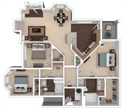Floor plan for 3 beds, 2 baths, 1365 sqft