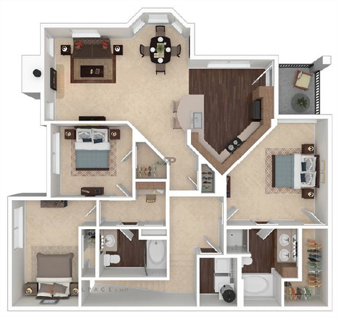 Floor plan for 3 beds, 2 baths, 1454 sqft