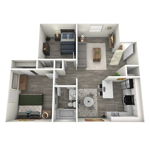 Floor plan for 2 beds, 1 bath, 770 sqft