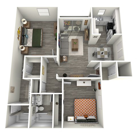 Floor plan for 2 beds, 2 baths, 970 sqft