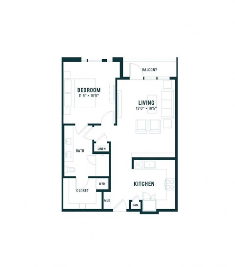 Floor plan for 1 bed, 1 bath, 818 sqft
