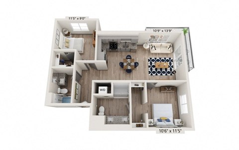 Floor plan for 2 beds, 2 baths, 879 sqft