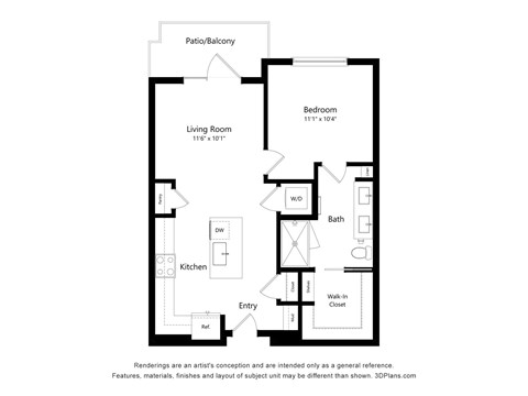 Floor plan for 1 bed, 1 bath, 691 sqft