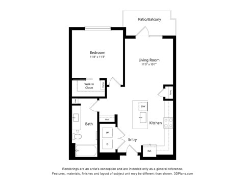 Floor plan for 1 bed, 1 bath, 692 sqft