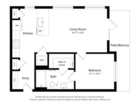 Floor plan for 1 bed, 1 bath, 694 sqft