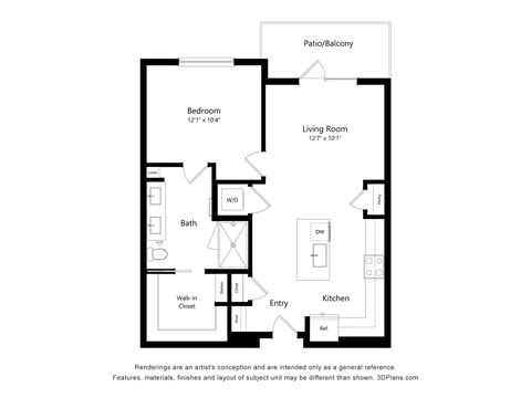 Floor plan for 1 bed, 1 bath, 749 sqft