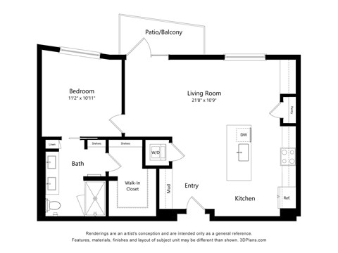 Floor plan for 1 bed, 1 bath, 846 sqft
