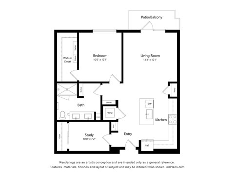 Floor plan for 1 bed, 1 bath, 910 sqft